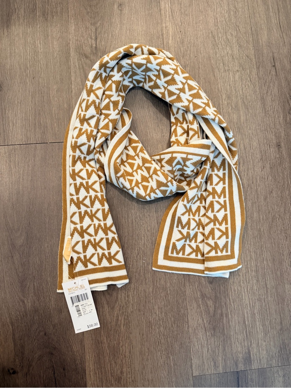 Michael Kors Striped Knit Scarf in White & Camel